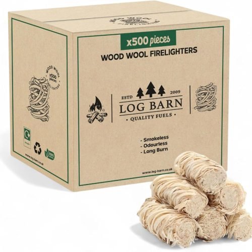 Log Barn Encendedores Naturales - Caja de 500, Pastillas de Encendido para Barbacoa, Estufas de Leña, Hornos de Pizza, Chimeneas, Lana de Madera para Encender Fuego - Auténtica Leña Log Barn