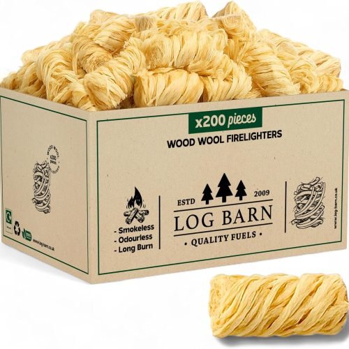 Log Barn Encendedores Naturales - Caja de 200, Pastillas de Encendido para Barbacoa, Estufas de Leña, Hornos de Pizza, Chimeneas, Lana de Madera para Encender Fuego - Auténtica Leña Log Barn