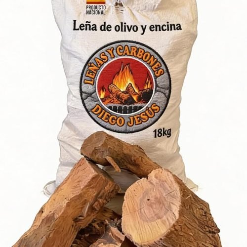 Leña de Encina y Olivo 18 kg para Chimeneas y Estufas Alta Densidad Combustión Lenta Brasas Duraderas Troncos Grandes Madera Natural para Calefacción