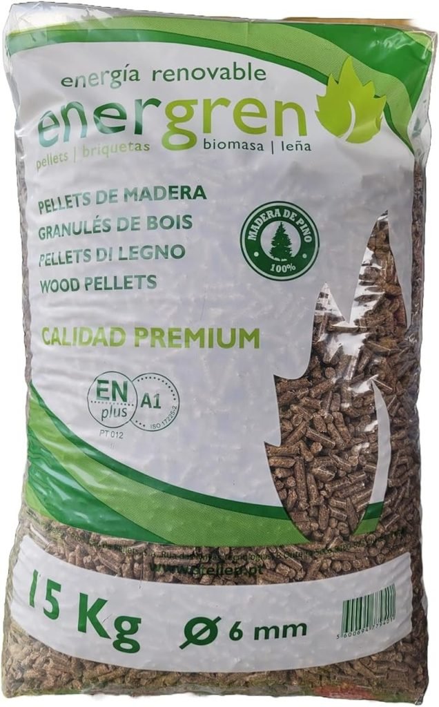 Saco de pellets de Madera 15kg. Certificado ENplus y Calidad A1. Ideal para chimeneas, Estufas o barbacoas. Diametro 6 mm. 100% Madera de Pino.