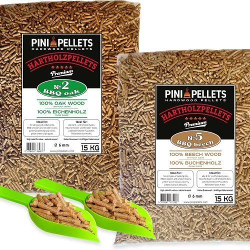 PINI Pellets de madera dura de roble 15 kg + haya 15 kg para barbacoa, ahumador, horno de pizza y sistemas de calefacción
