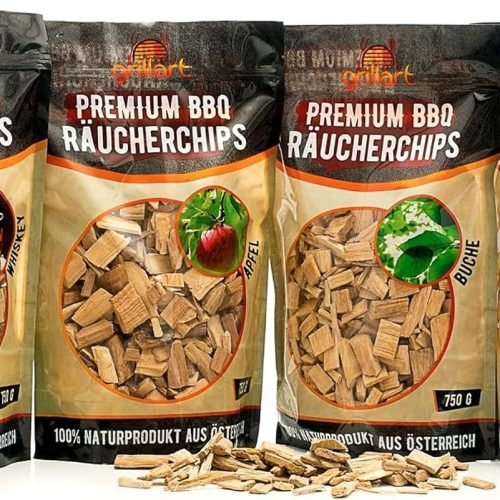 grillart Premium BBQ - Juego de 4 virutas para ahumar para barbacoa para un aroma especial de humo, madera ahumada muy activa/virutas de madera, pack de 4 bolsas de 750 g
