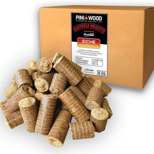 PINI Briquetas de madera dura, 100% roble, 15 kg, chimenea, estufa, leña, barbacoa, briquetas de roble con larga duración de combustión
