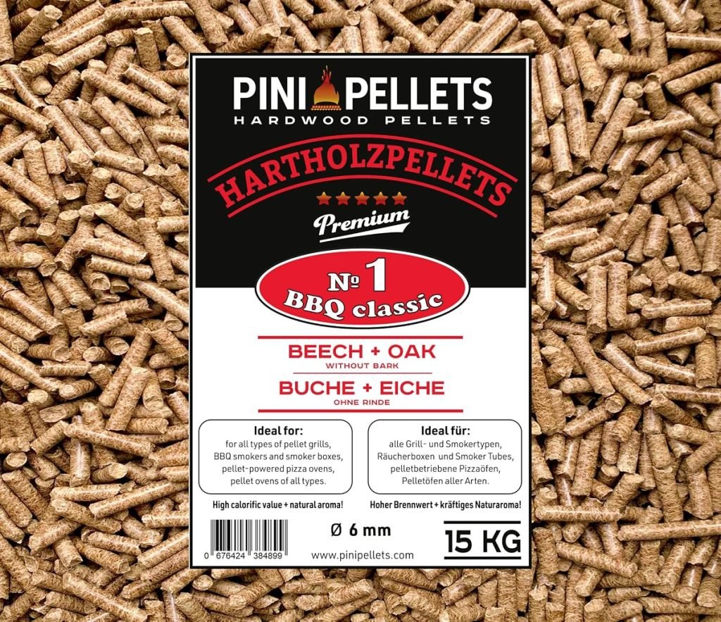 PINI Pellets de Madera Dura №1 BBQ Classic 15 Kg Gránulos de Parrilla para Asar, Fumar, también para hornos de Pizza operados con pellets