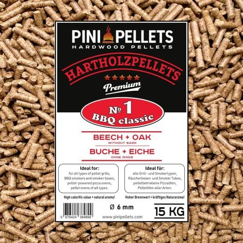 PINI Pellets de Madera Dura №1 BBQ Classic 15 Kg Gránulos de Parrilla para Asar, Fumar, también para hornos de Pizza operados con pellets