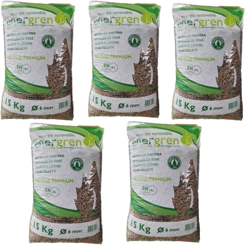Pack 5 Unidades Saco de pellets de Madera 15kg. Certificado ENplus y Calidad A1. Ideal para chimeneas, Estufas o barbacoas. Diametro 6 mm. 100% Madera de Pino.