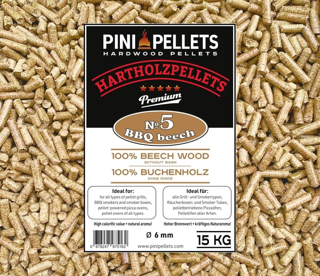 PINI Pellets de Madera Dura 100% Haya № 5 BBQ Haya 15 Kg Gránulos de Parrilla para Asar, Fumar, también para hornos de Pizza operados con pellets