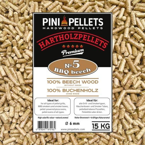 PINI Pellets de Madera Dura 100% Haya № 5 BBQ Haya 15 Kg Gránulos de Parrilla para Asar, Fumar, también para hornos de Pizza operados con pellets