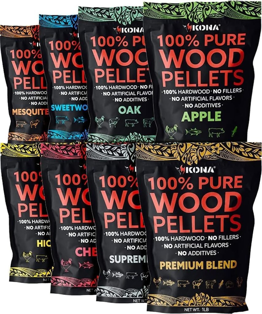 Kona Paquete variado de pellets de madera, diseñado para parrilla Ninja Woodfire al aire libre, horno de leña y ahumador, 8, bolsas resellables de 1 libra