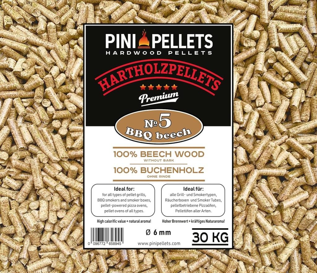 PINI Pellets de madera dura 100% haya № 5 BBQ Beech 30 kg Grillpellets para asar, ahumar, calentar