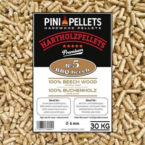 PINI Pellets de madera dura 100% haya № 5 BBQ Beech 30 kg Grillpellets para asar, ahumar, calentar