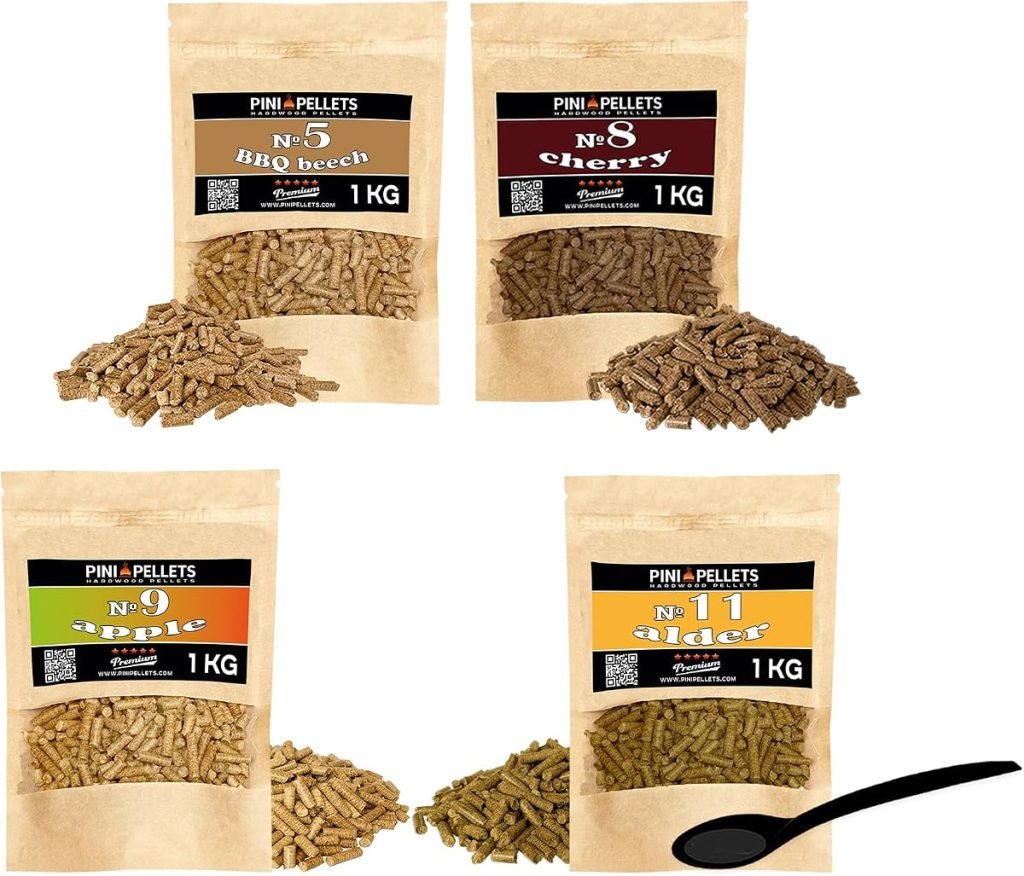 PINI Juego de pellets de madera natural, 4 unidades, 1 kg, para ahumador, selección de 4 variedades, pellets de haya nº 5, pellets de cereza nº 8, pellets de manzana nº 9, pellets de aliso nº 11