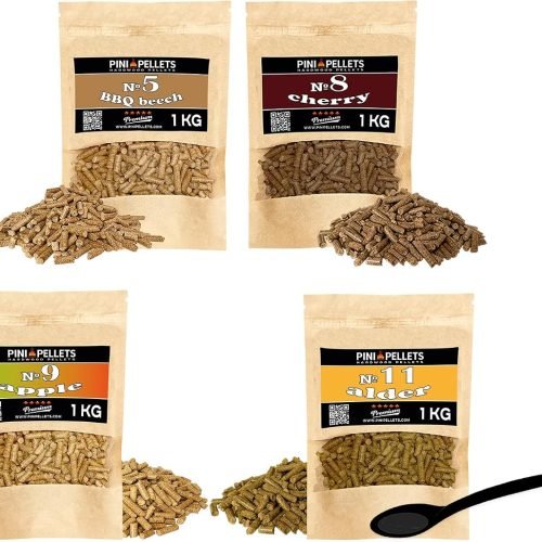 PINI Juego de pellets de madera natural, 4 unidades, 1 kg, para ahumador, selección de 4 variedades, pellets de haya nº 5, pellets de cereza nº 8, pellets de manzana nº 9, pellets de aliso nº 11