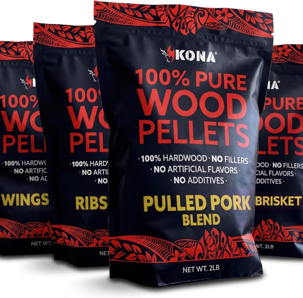 Kona Pellets de madera, costillas, alas y mezcla de cerdo desmenuzado, paquete variado, diseñado para parrilla Ninja Woodfire al aire libre, horno de leña, 4, bolsas resellables de 2 libras