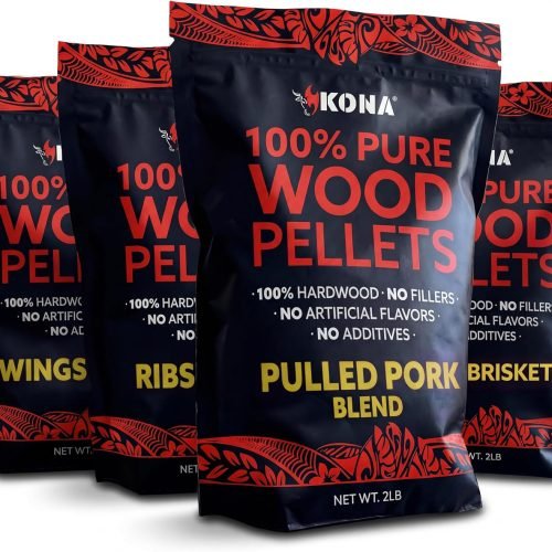Kona Pellets de madera, costillas, alas y mezcla de cerdo desmenuzado, paquete variado, diseñado para parrilla Ninja Woodfire al aire libre, horno de leña, 4, bolsas resellables de 2 libras