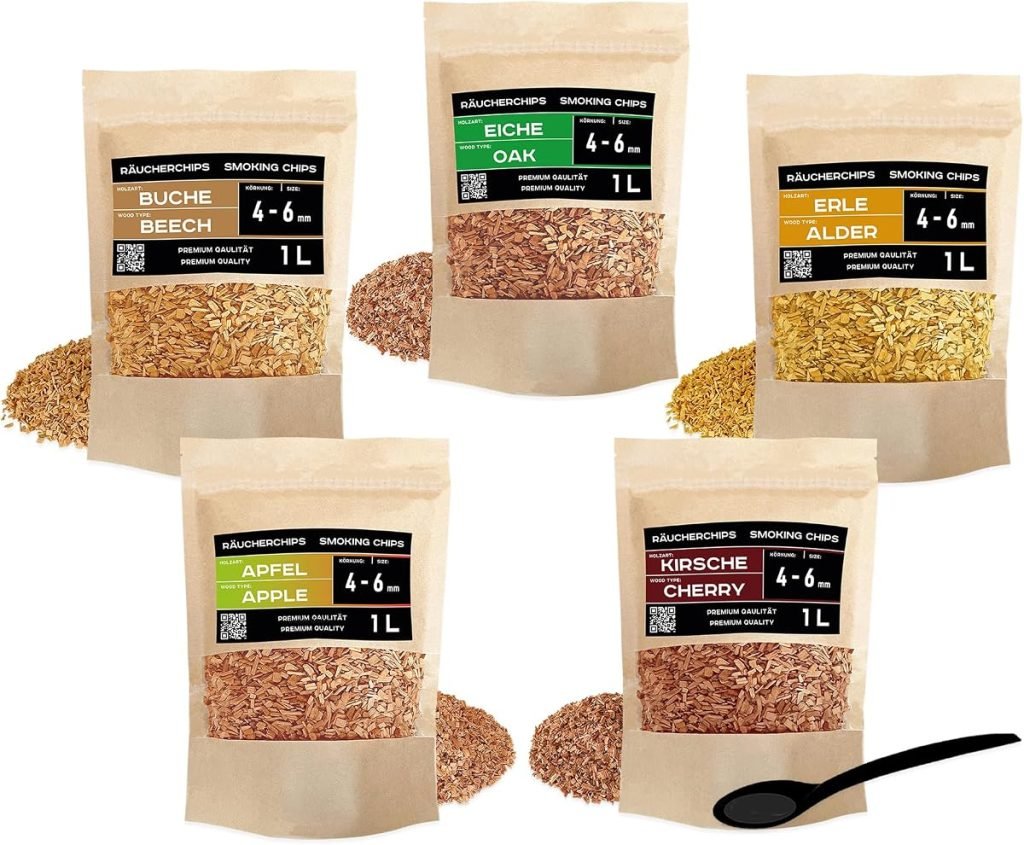 PINI Juego de virutas para ahumar (5 x 1 litro, grano óptimo, 4-6 mm, madera de haya, roble, cereza, manzana, aliso)