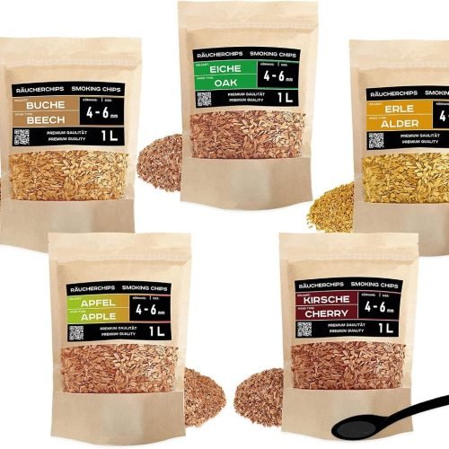 PINI Juego de virutas para ahumar (5 x 1 litro, grano óptimo, 4-6 mm, madera de haya, roble, cereza, manzana, aliso)