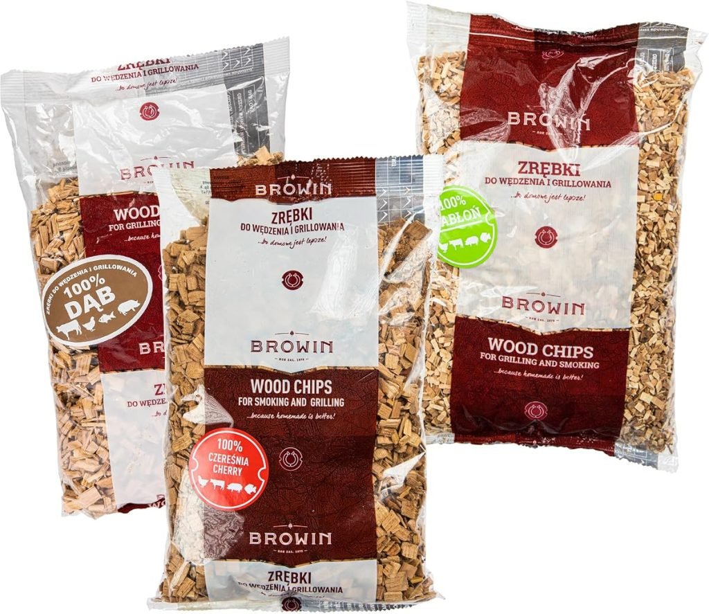 Browin 780820 - Astillas de Madera para ahumar y Asar a la Parrilla, Roble, 600 g, Cerezo, 450 g, Manzano, 450 g, Juego de virutas de Madera Natural para múltiples usos