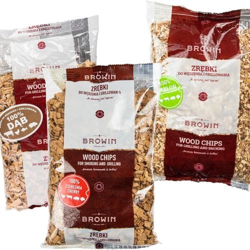 Browin 780820 - Astillas de Madera para ahumar y Asar a la Parrilla, Roble, 600 g, Cerezo, 450 g, Manzano, 450 g, Juego de virutas de Madera Natural para múltiples usos